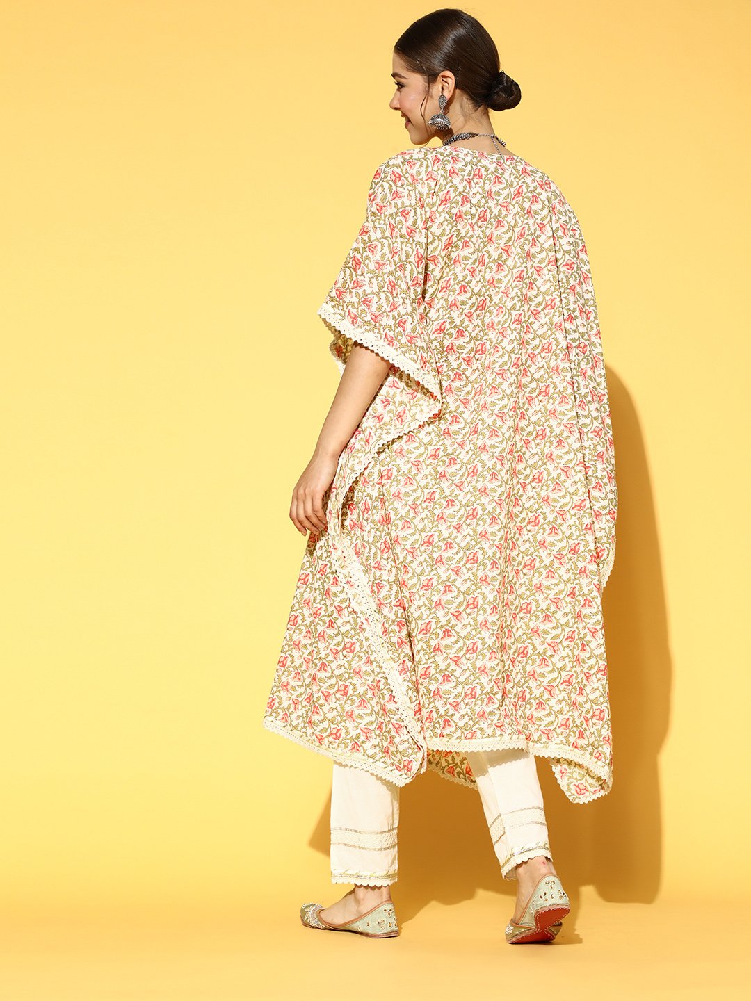 Ishin Women's Cotton Multicolor & White Embroidered Kaftan Kurta Trouser Set