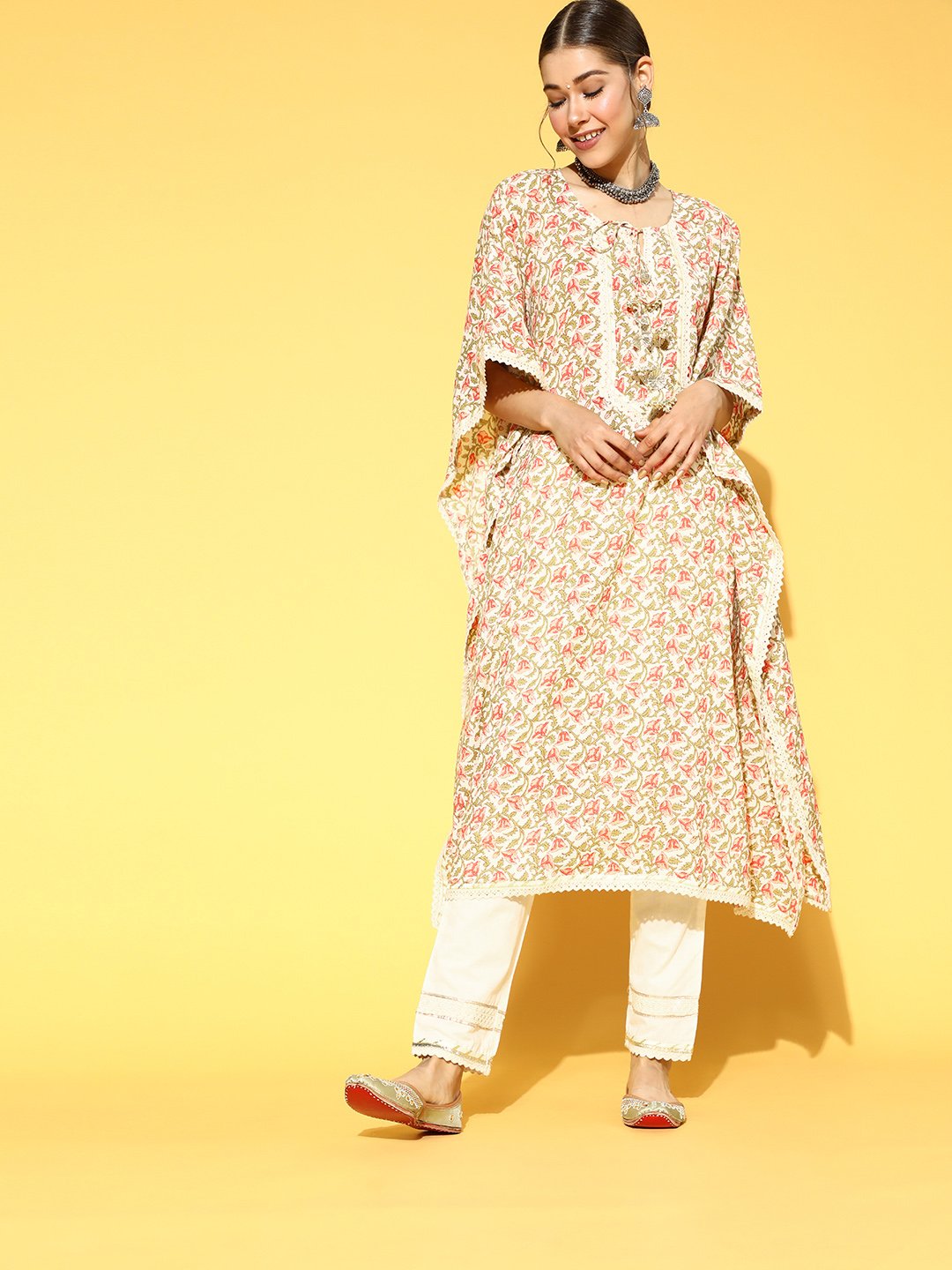 Ishin Women's Cotton Multicolor & White Embroidered Kaftan Kurta Trouser Set