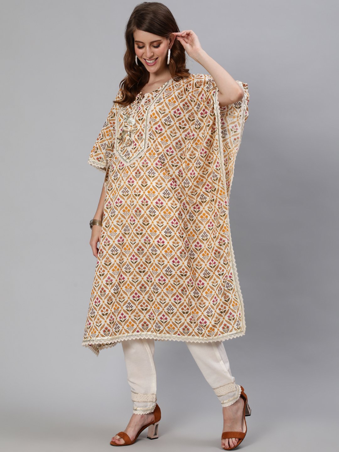 Ishin Women's Cotton Off White Embroidered Kaftan Kurta Trouser Set
