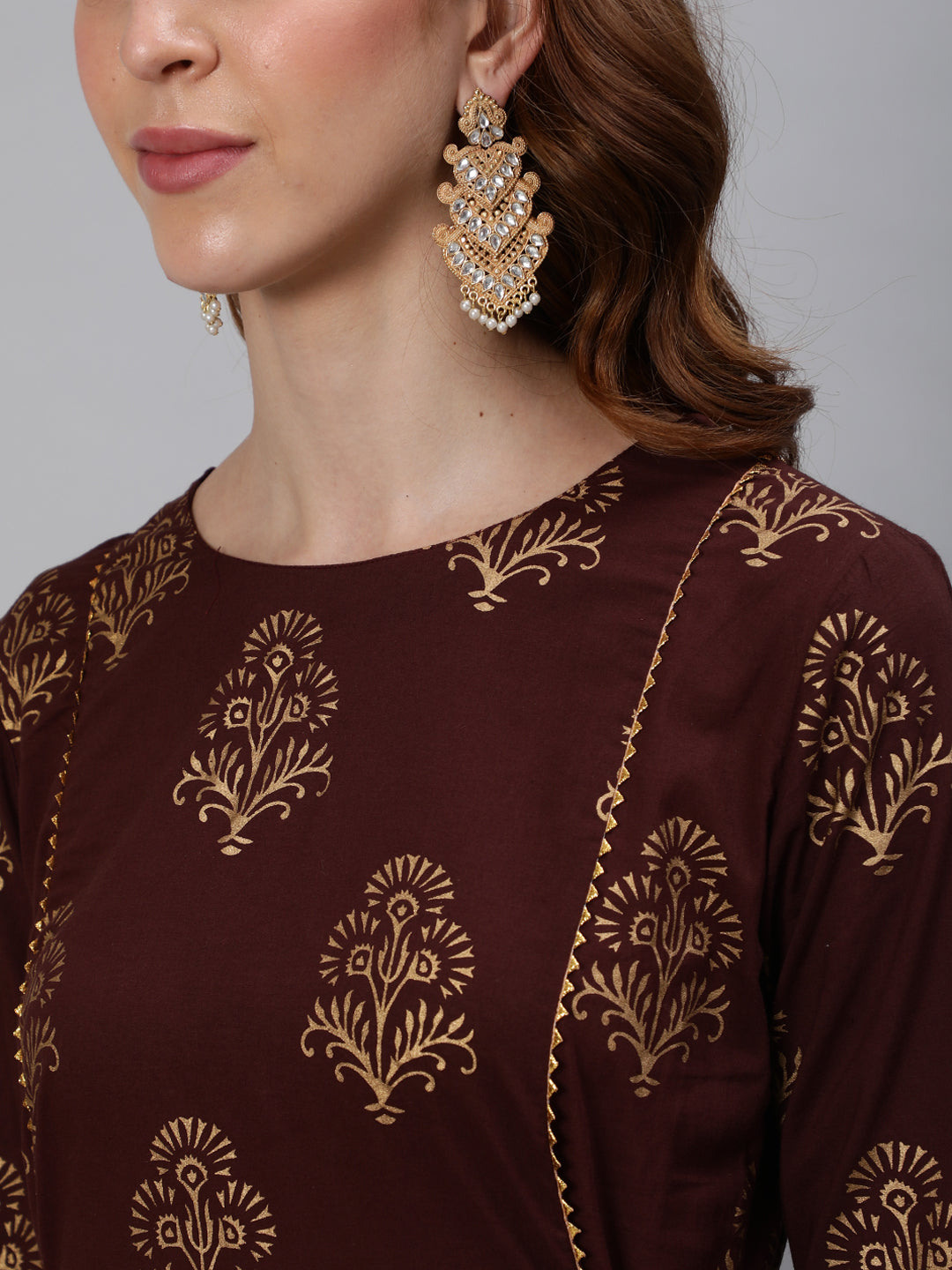 Ishin Women's Brown Embroidered Anarkali Kurta With Trouser