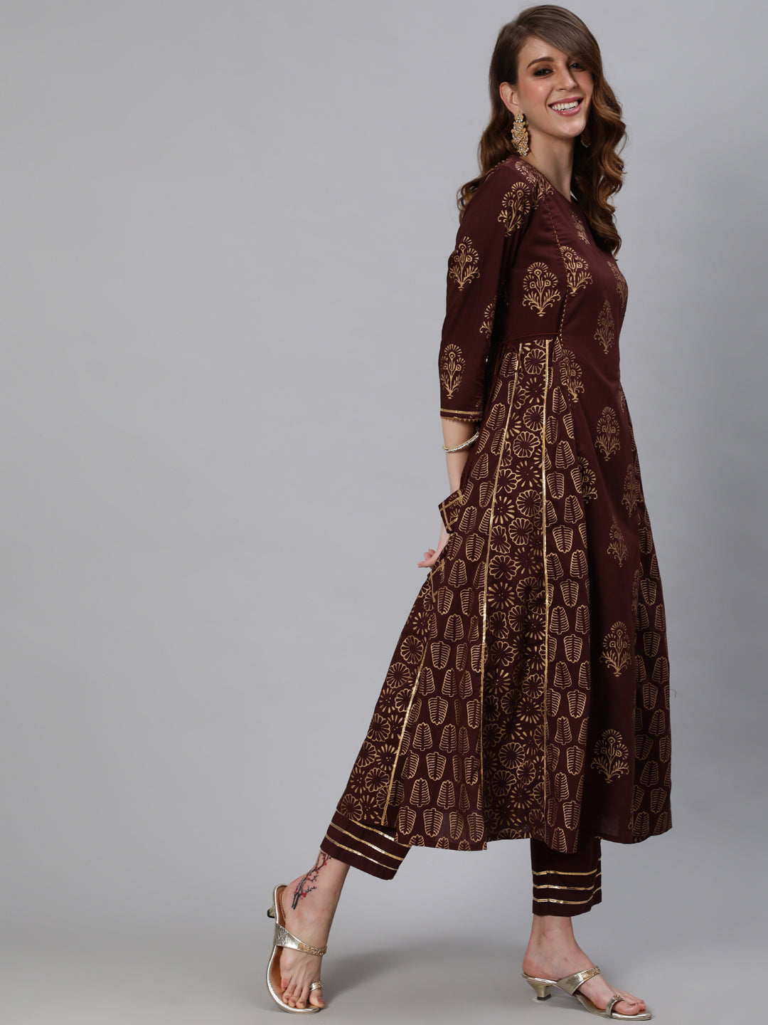 Ishin Women's Brown Embroidered Anarkali Kurta With Trouser