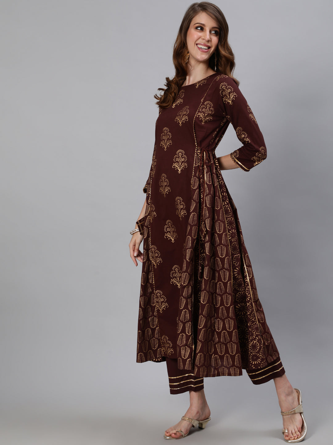 Ishin Women's Brown Embroidered Anarkali Kurta With Trouser