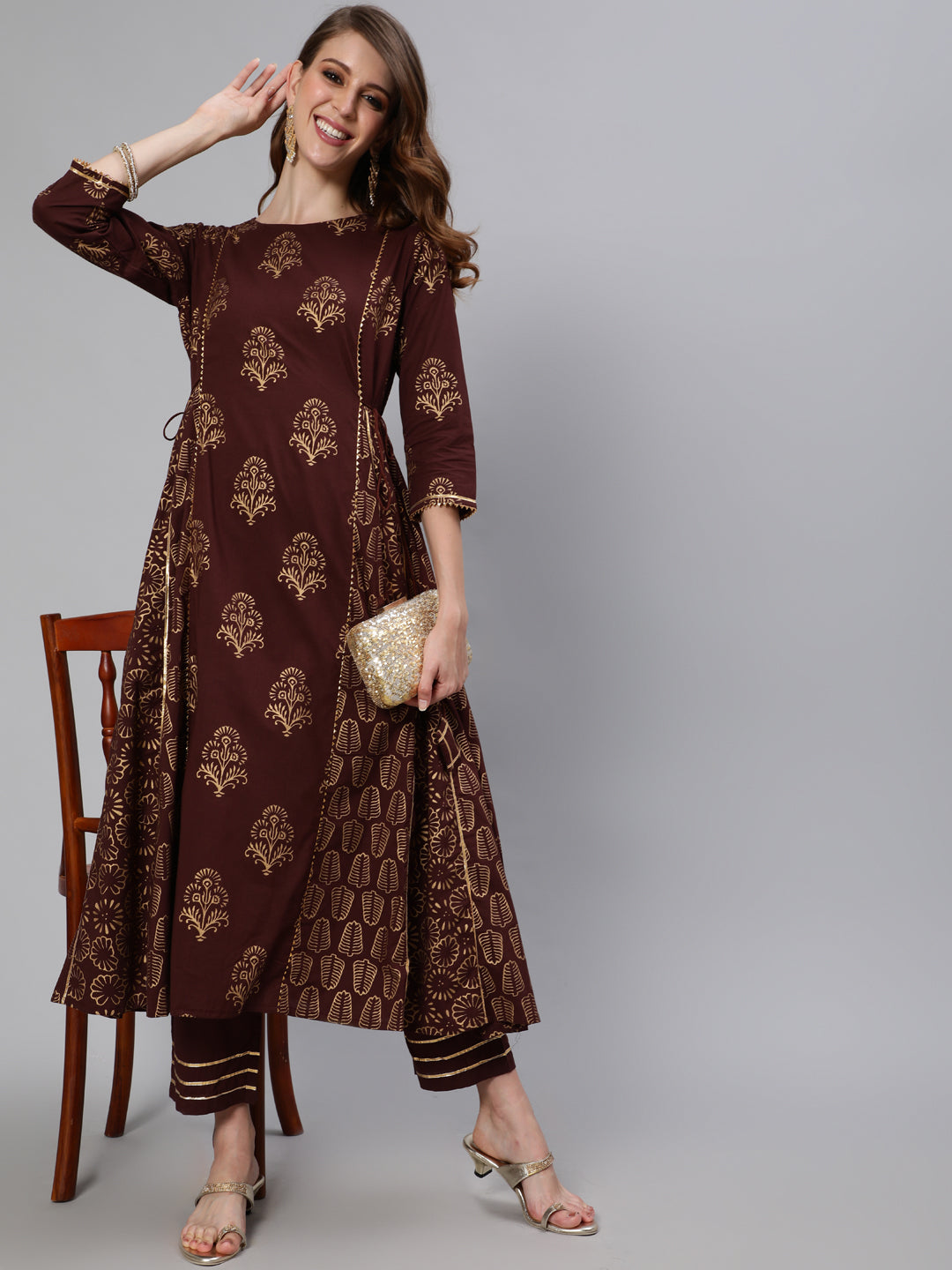 Ishin Women's Brown Embroidered Anarkali Kurta With Trouser