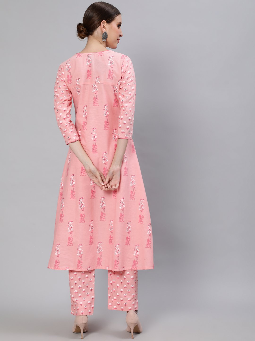 Ishin Women's Cotton Pink Printed Anarkali Kurta Trouser Set