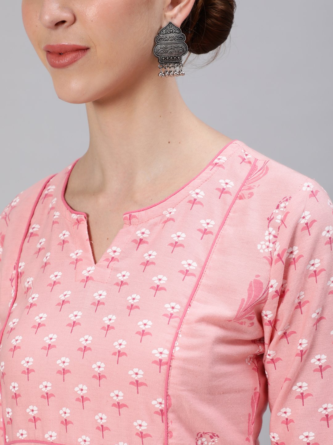 Ishin Women's Cotton Pink Printed Anarkali Kurta Trouser Set