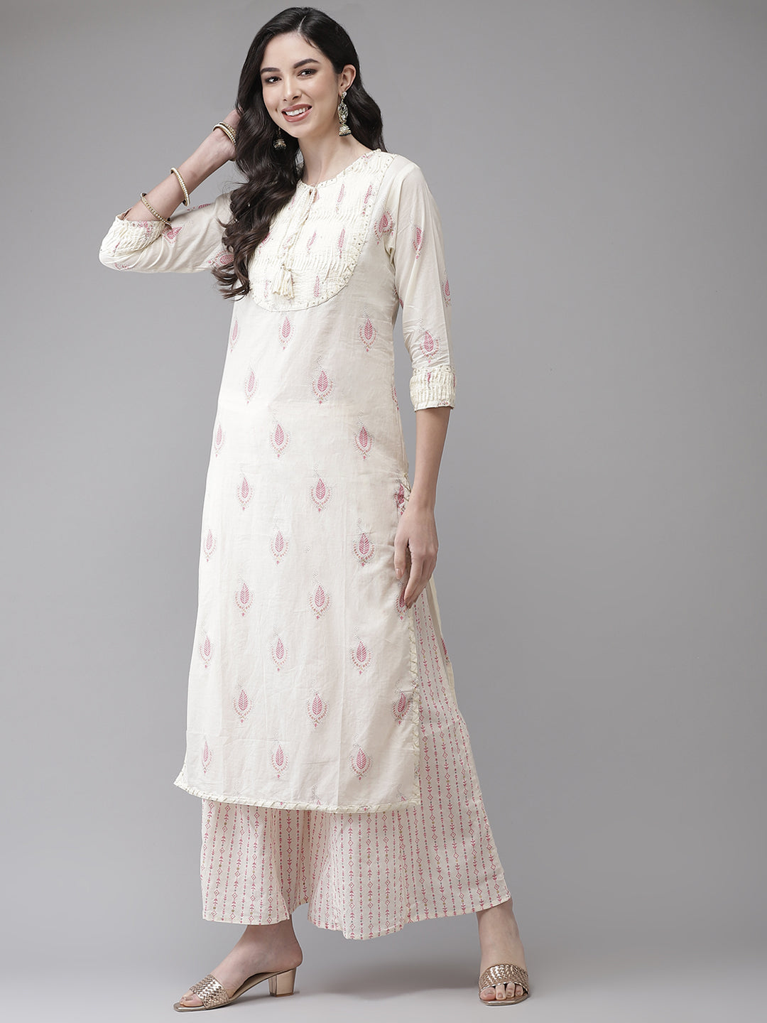 Ishin Women's Cotton Blend Cream Embroidered A-Line Kurta Sharara Set