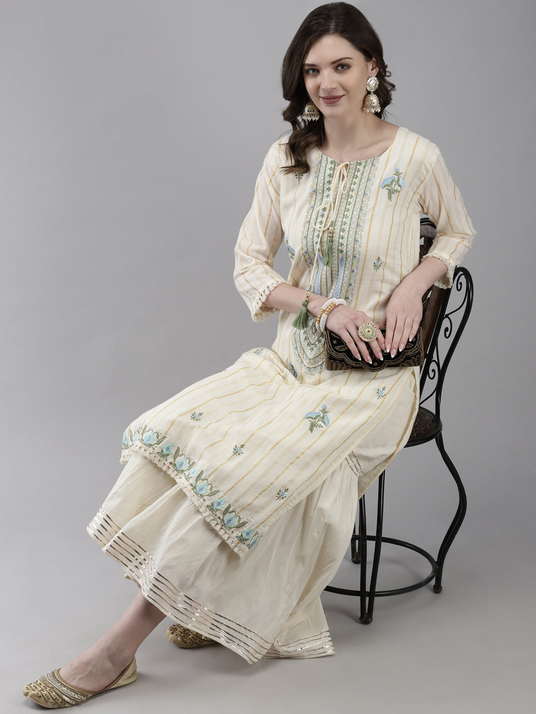 Ishin Women's Cotton Off White Embroidered A-Line Kurta Sharara Set
