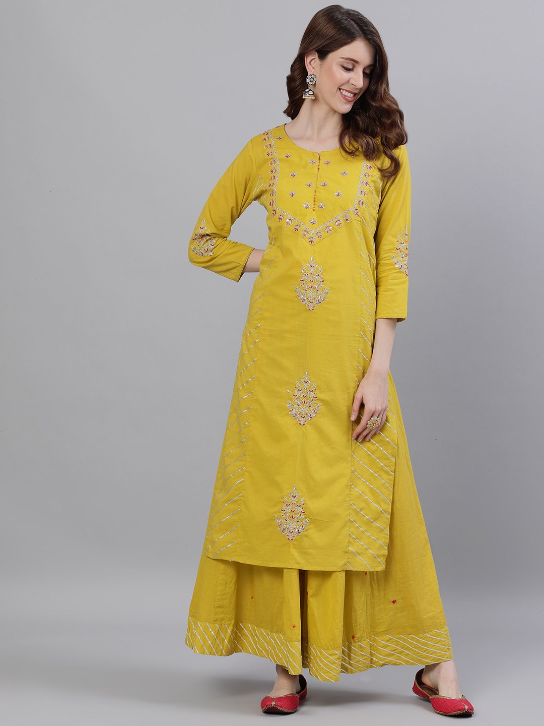 Ishin Women's Cotton Mustard Gota Patti Embroidered A-Line Kurta Sharara Set