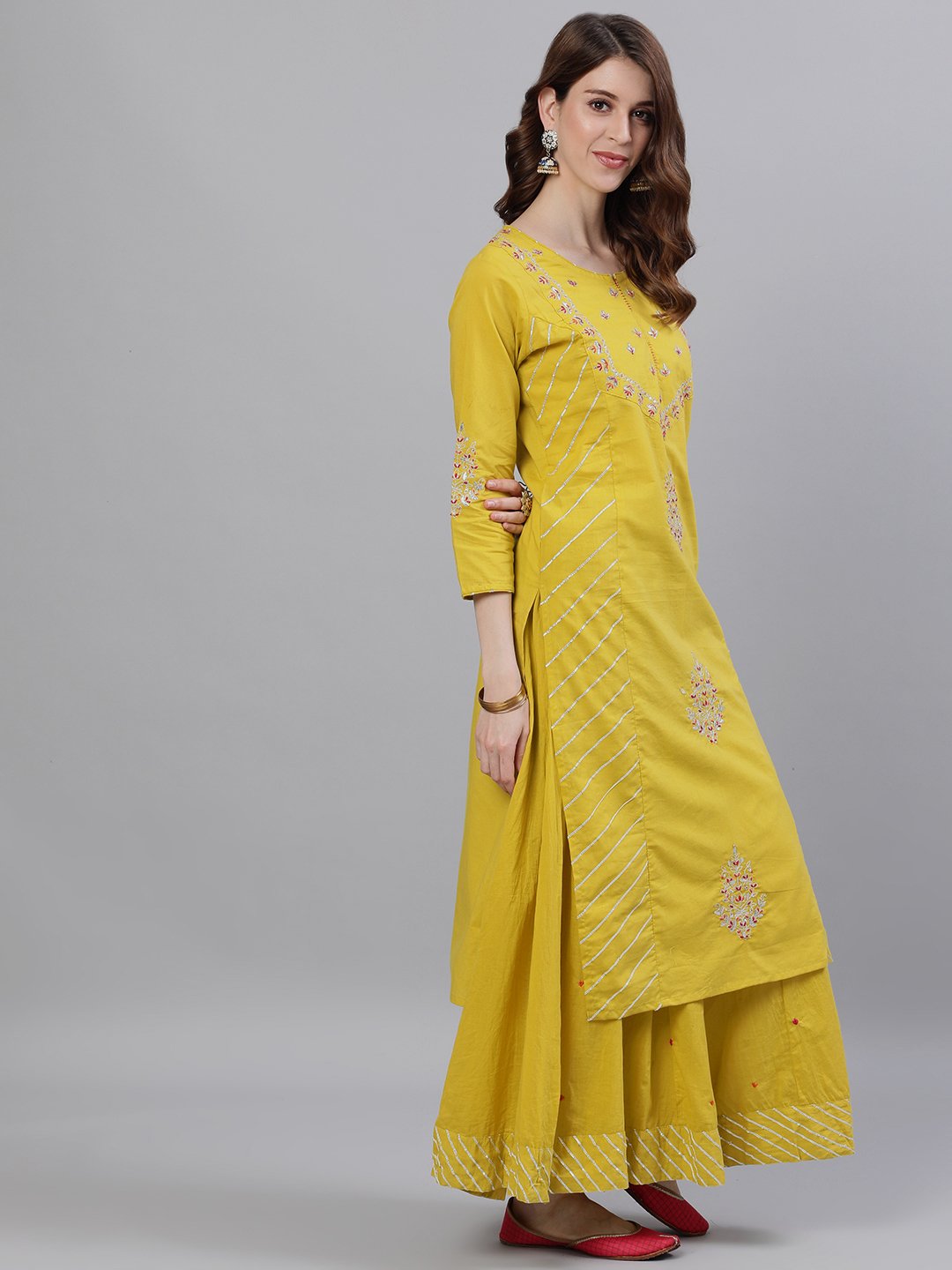 Ishin Women's Cotton Mustard Gota Patti Embroidered A-Line Kurta Sharara Set
