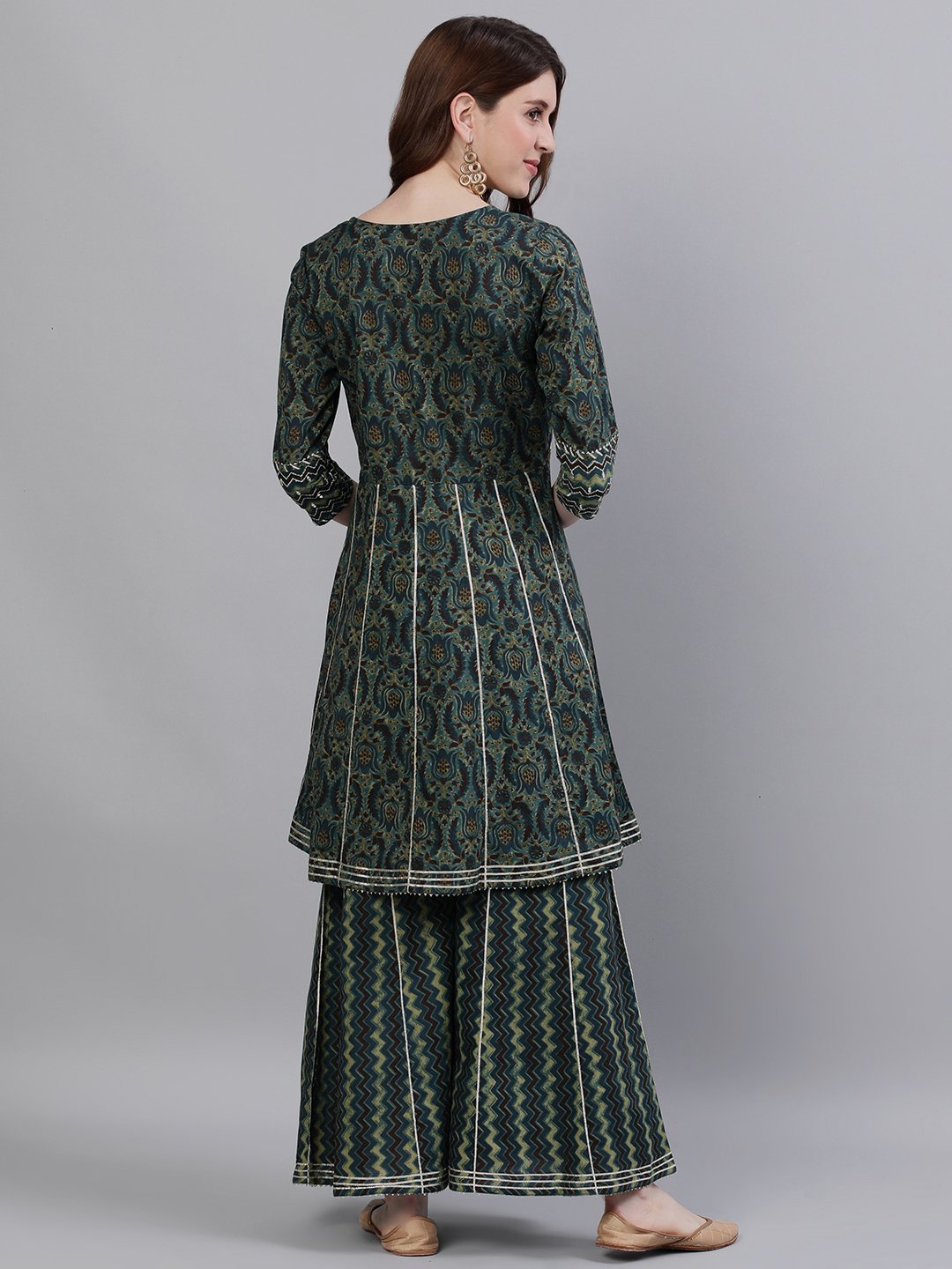 Ishin Women's Cotton Green & Blue Zari Embroidered Peplum Kurta Sharara Set
