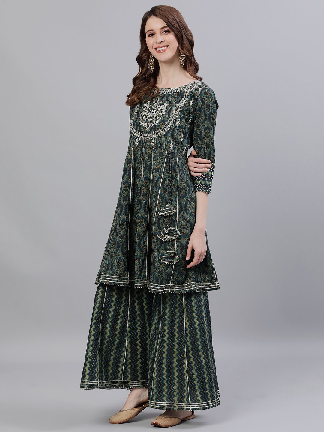 Ishin Women's Cotton Green & Blue Zari Embroidered Peplum Kurta Sharara Set