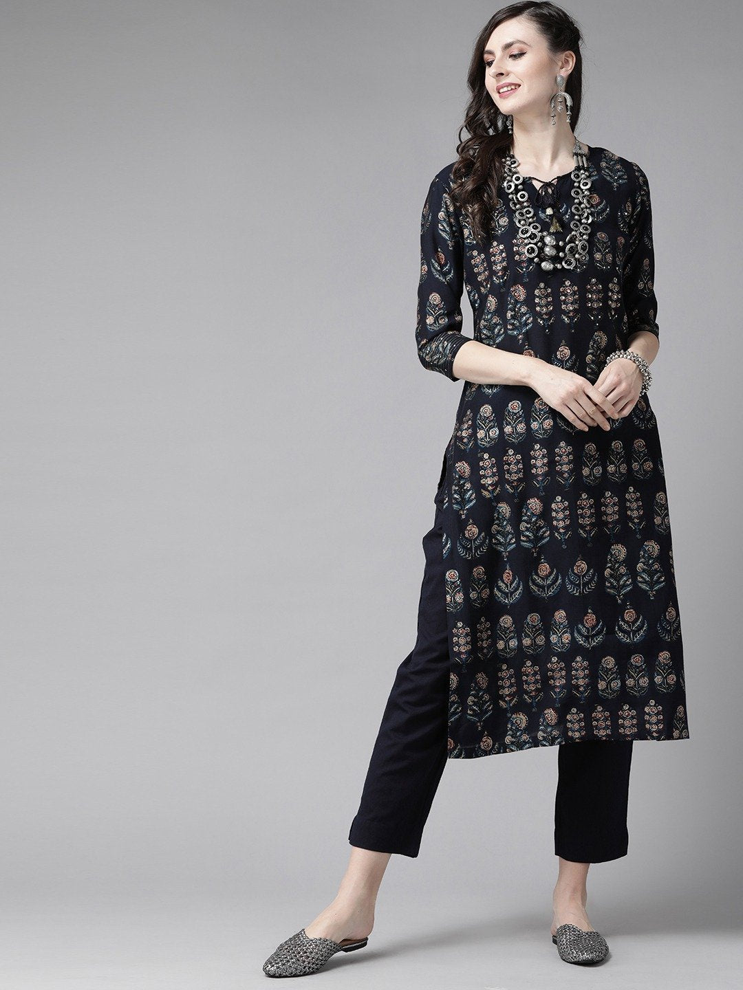 Ishin Women's Silk Blend Navy Blue Sequins Embroidered A-Line Kurta Trouser Set