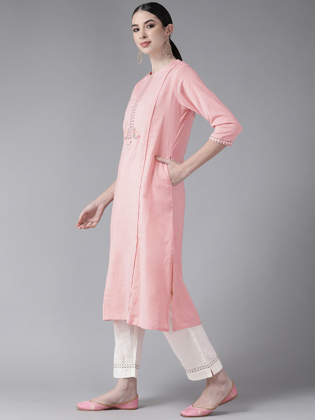 Ishin Women's Cotton Blend Pink & Off White Embroidered A-Line Kurta Trouser Set