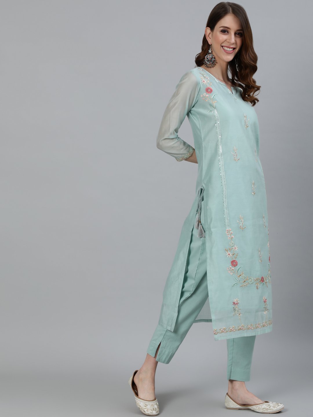 Ishin Women's Green Zari Embroidered Straight Kurta & Trouser