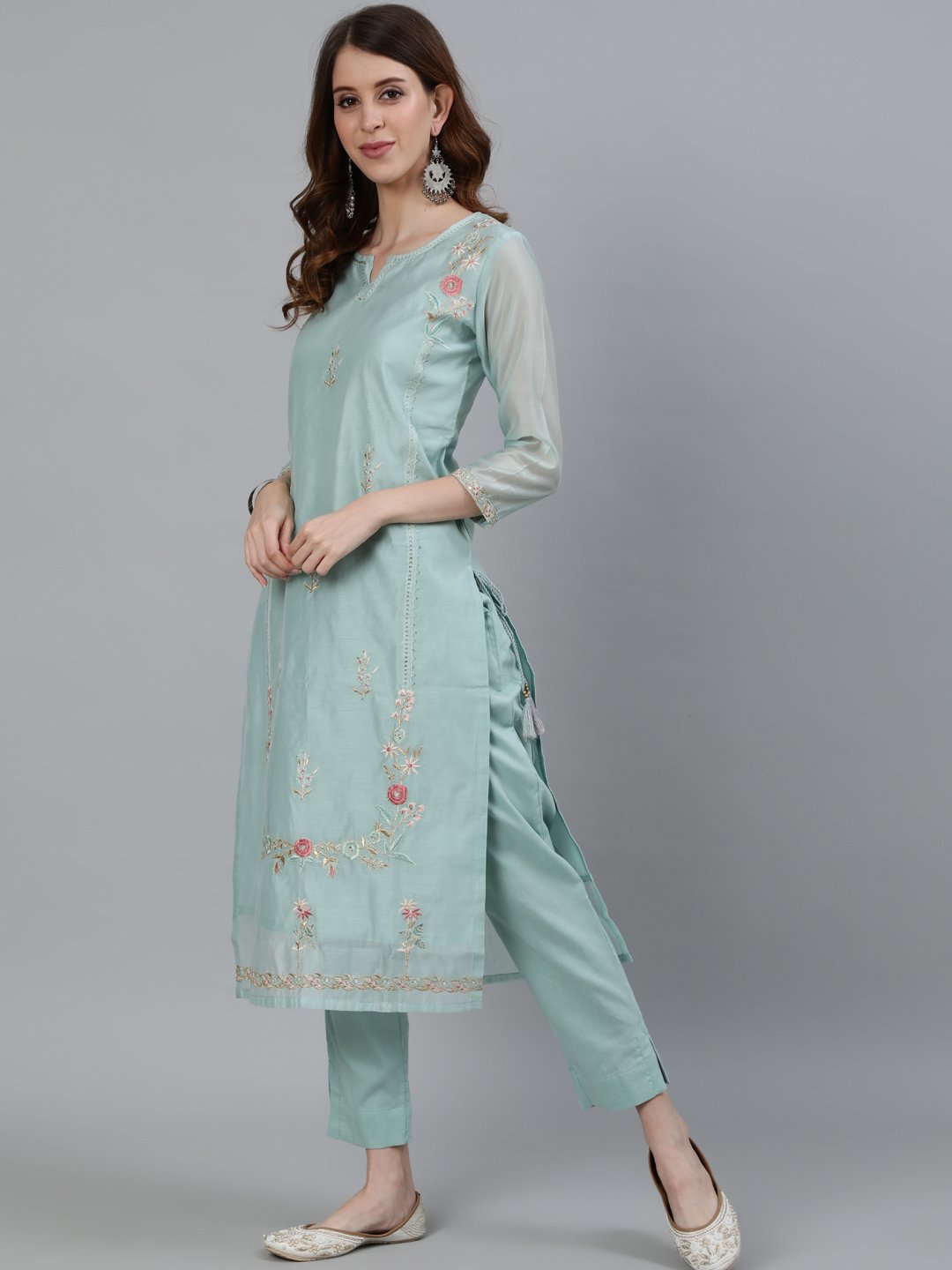 Ishin Women's Green Zari Embroidered Straight Kurta & Trouser