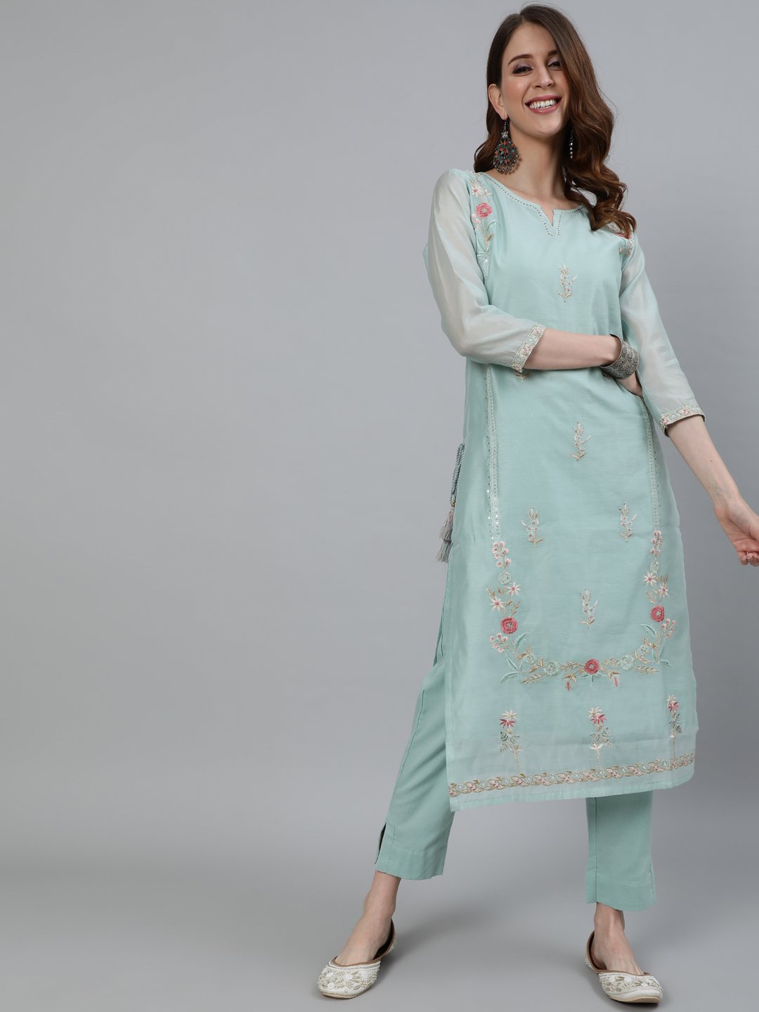 Ishin Women's Green Zari Embroidered Straight Kurta & Trouser