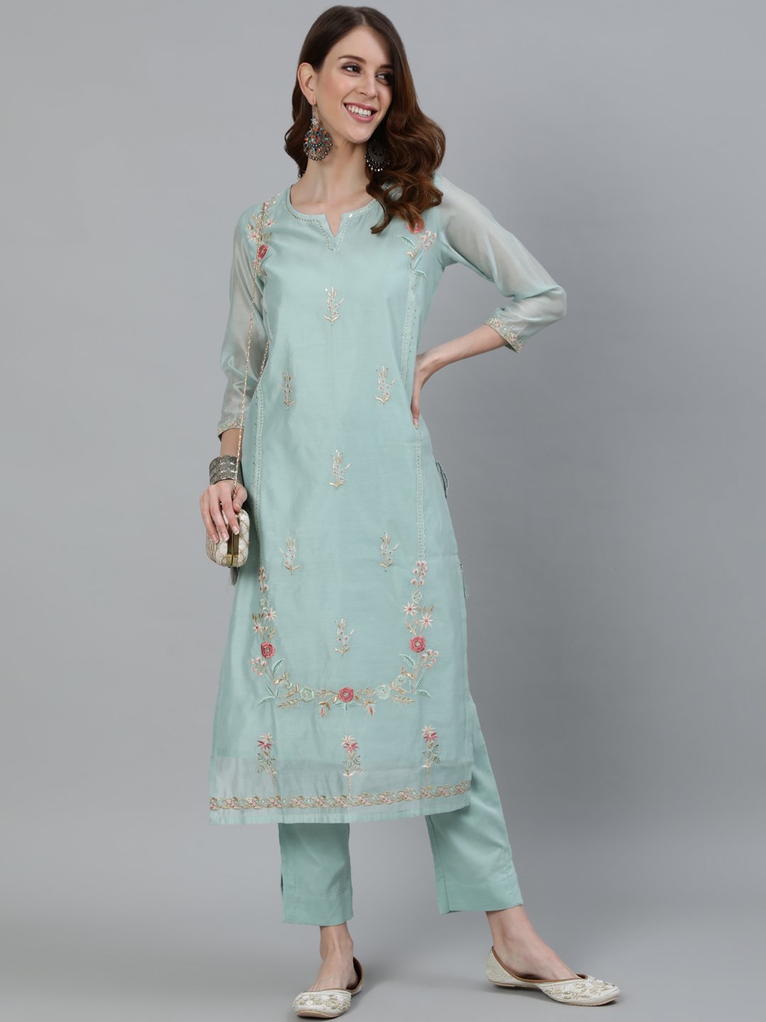 Ishin Women's Green Zari Embroidered Straight Kurta & Trouser