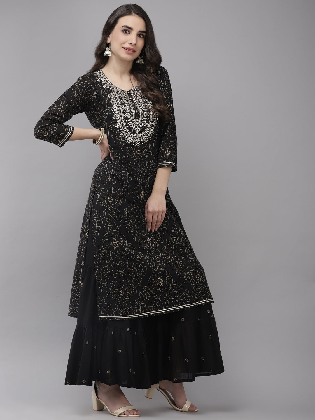 Ishin Women's Cotton Blend Black Embroidered A-Line Kurta Sharara Set 