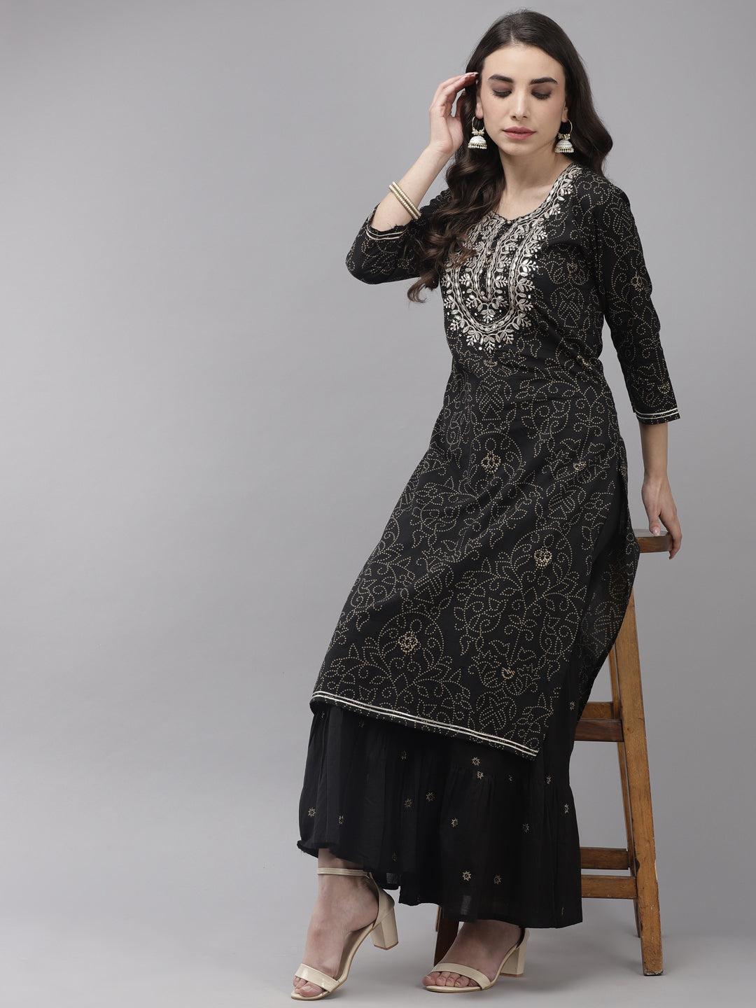 Ishin Women's Cotton Blend Black Embroidered A-Line Kurta Sharara Set