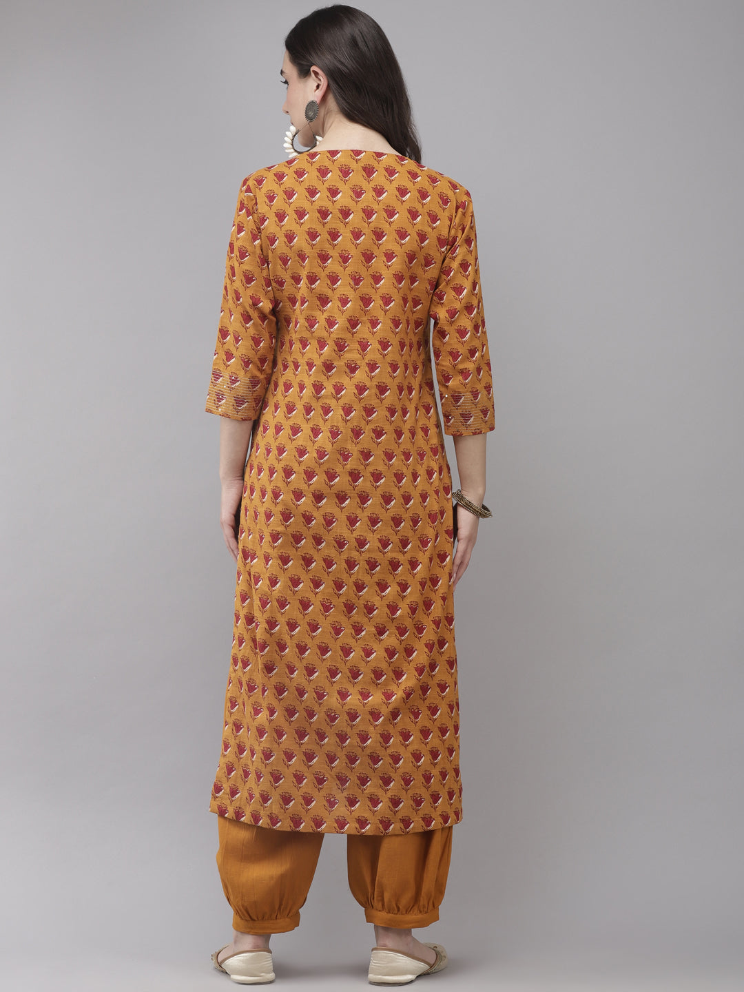 Ishin Women's Cotton Mustard Yellow Embroidered A-Line Kurta Salwar Set