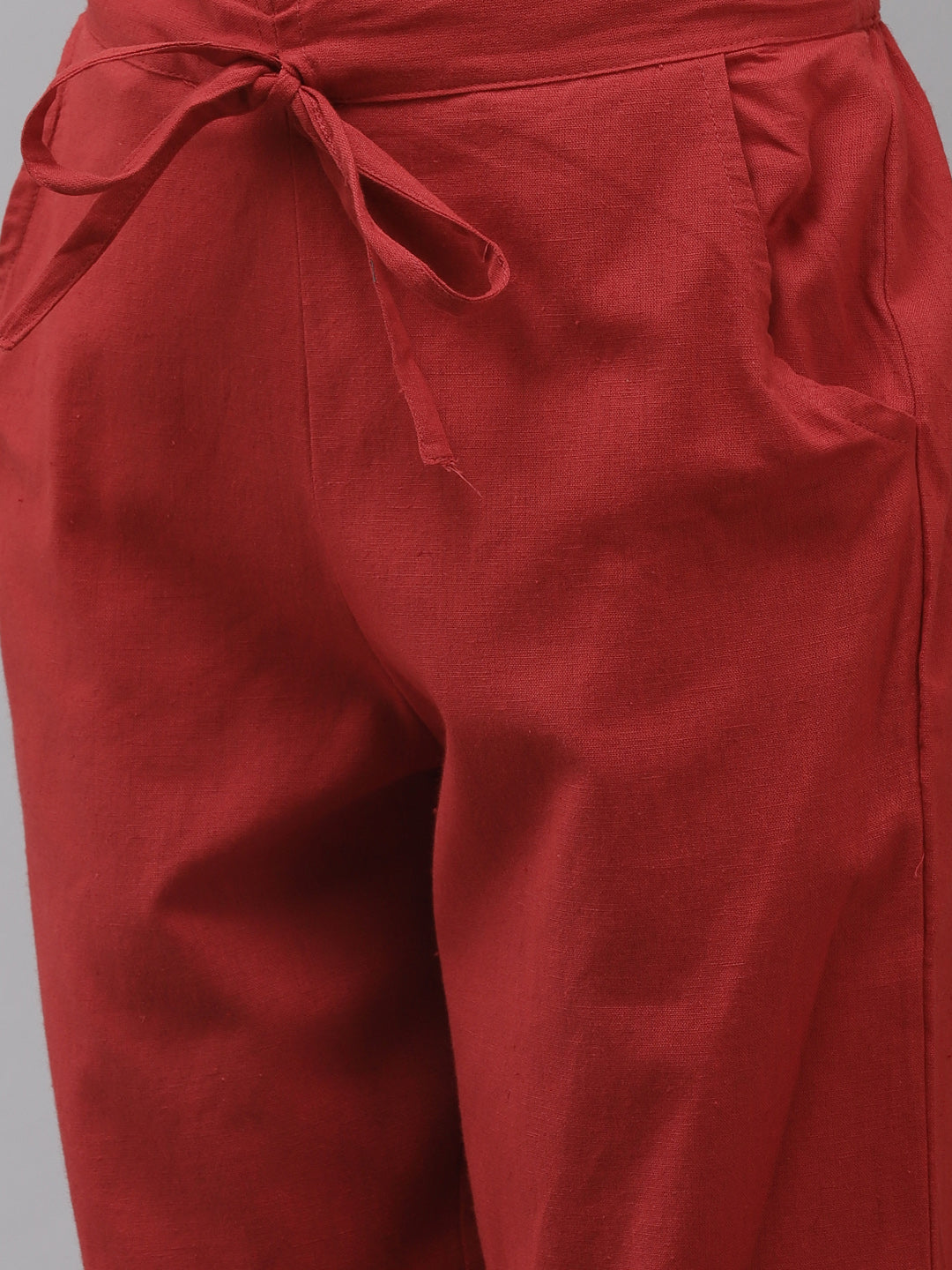Ishin Women's Silk Blend Red Embroidered A-Line Kurta Trouser Set