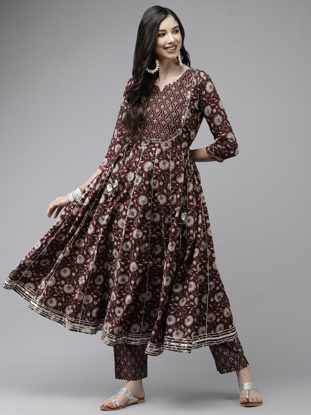 Ishin Women's Cotton Blend Maroon Embroidered Anarkali Kurta Trouser Set