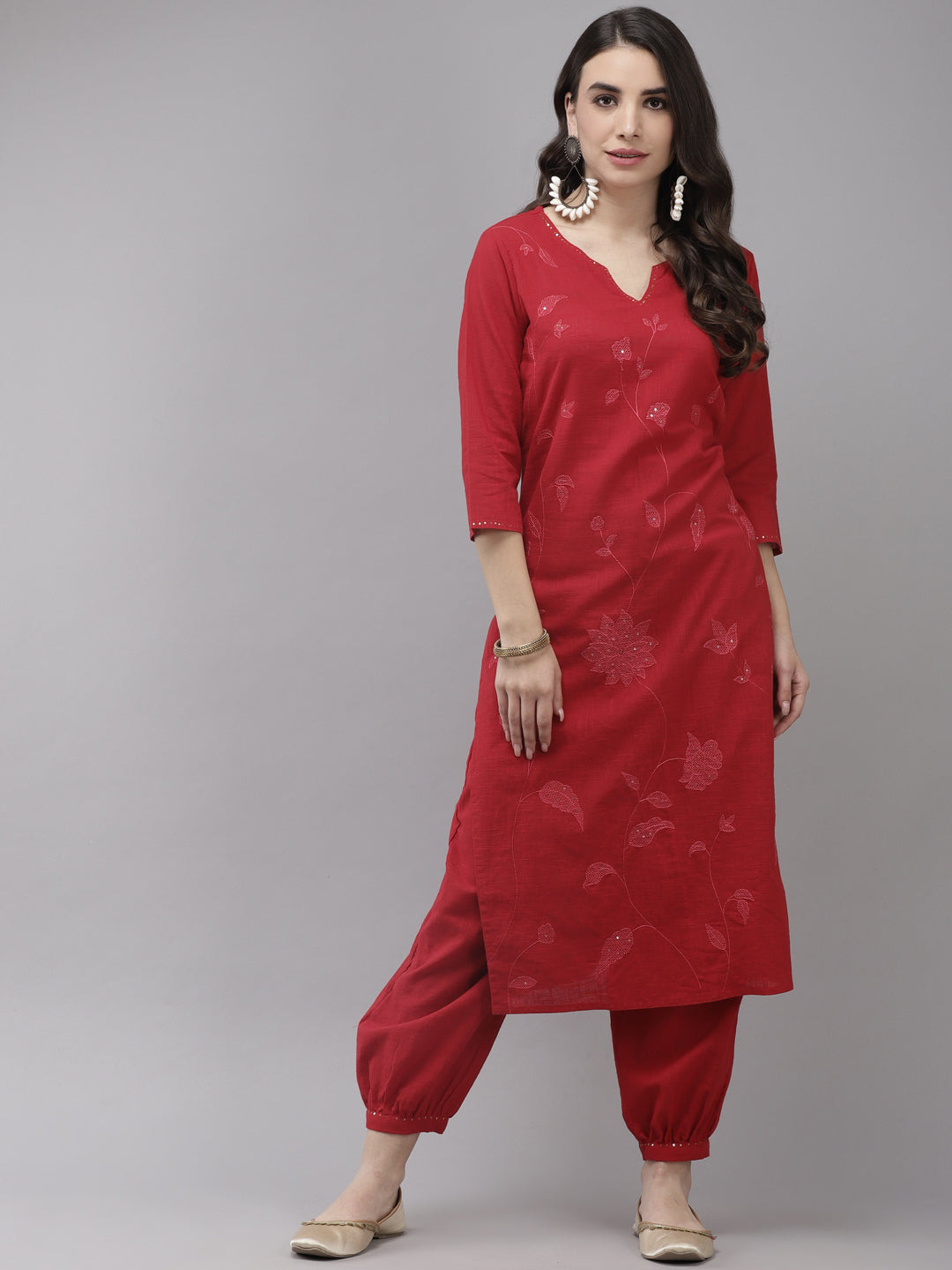 Ishin Women's Cotton Red Embroidered A-Line Kurta Salwar Set