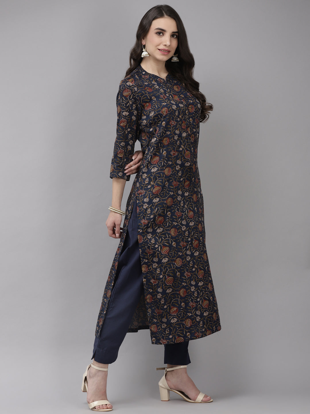 Ishin Women's Silk Blend Navy Blue Embroidered A-Line Kurta Trouser Set