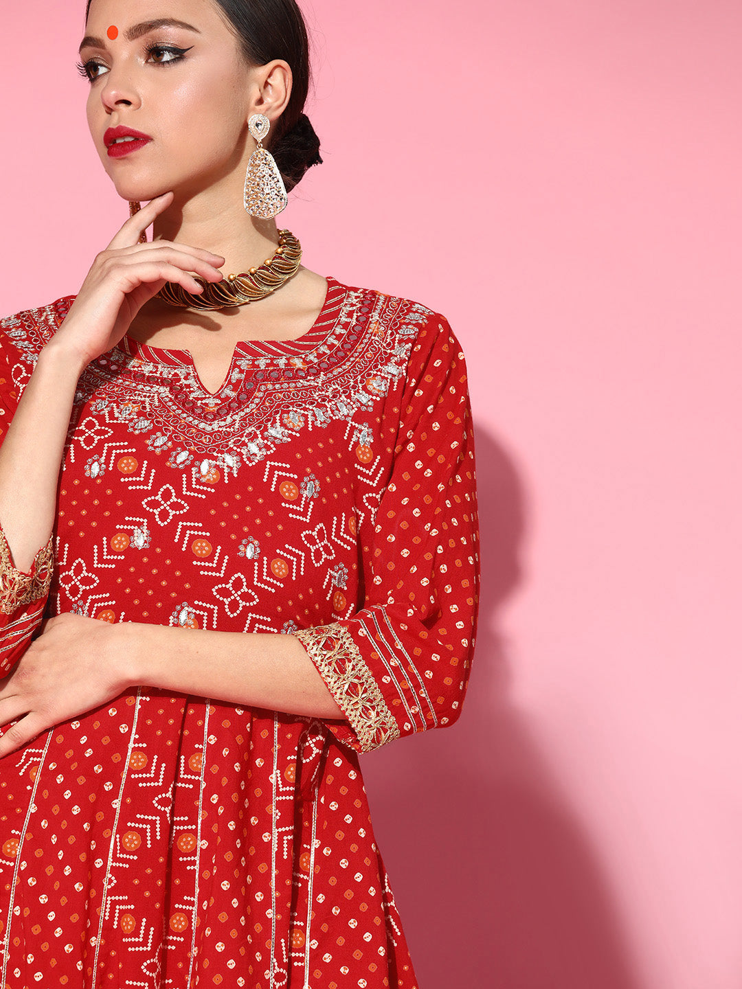 Ishin Women's Cotton Red Embroidered Anarkali Bandhani Kurta Sharara Set 