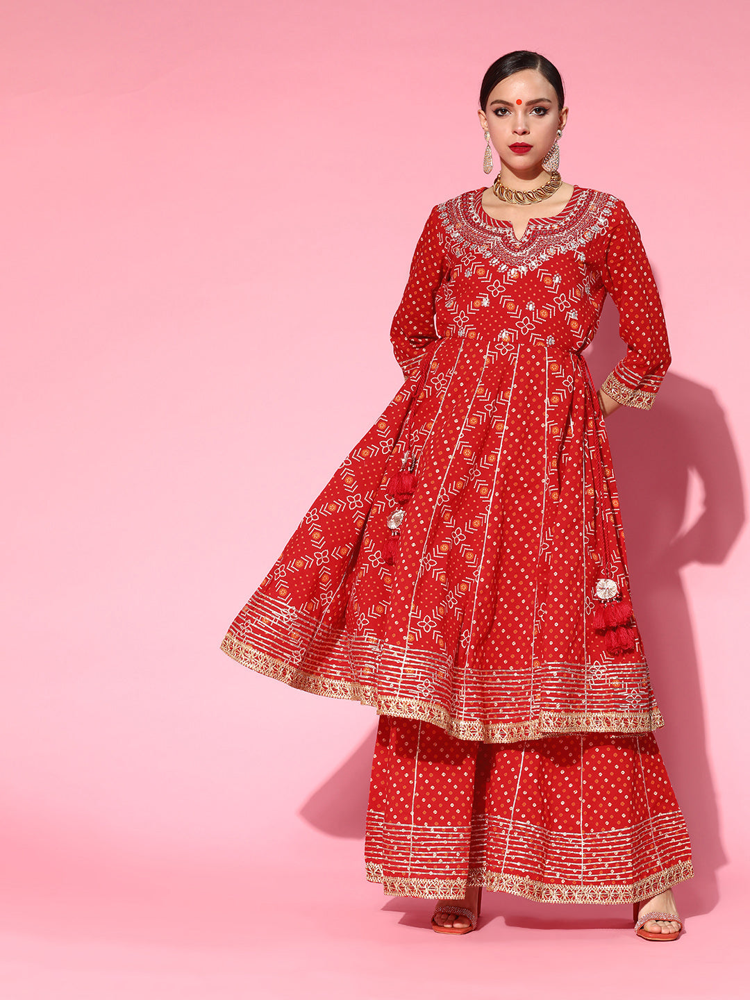 Ishin Women's Cotton Red Embroidered Anarkali Bandhani Kurta Sharara Set
