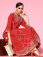 Ishin Women's Cotton Red Embroidered Anarkali Bandhani Kurta Sharara Set 