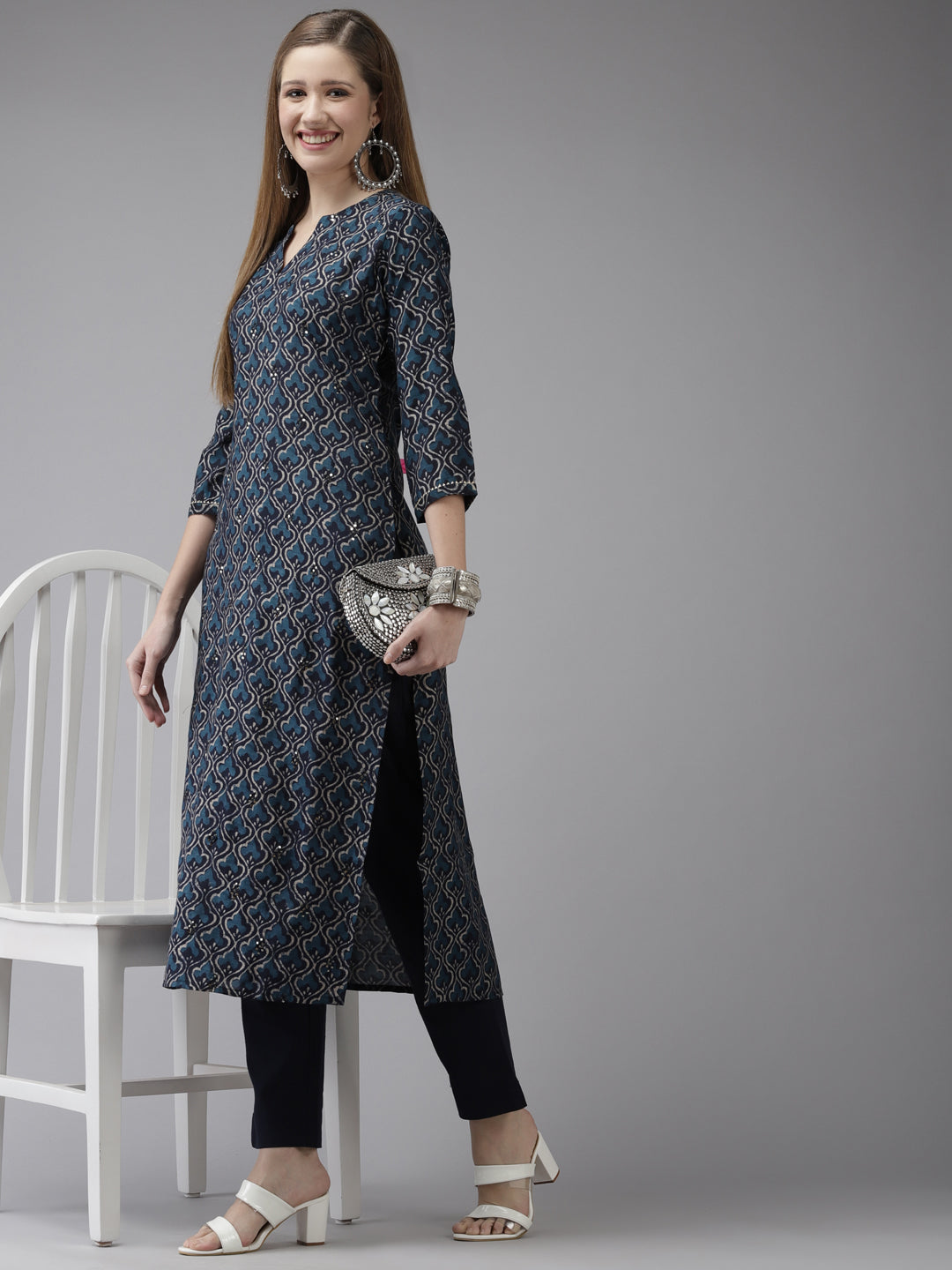 Ishin Women's Art Silk Navy Blue Embroidered A-Line Kurta Trouser Set