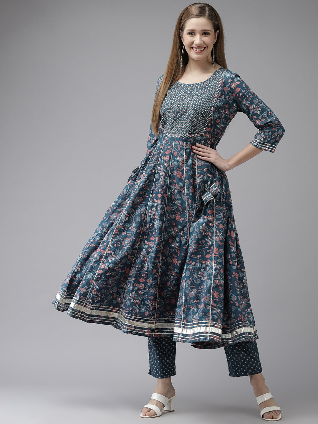 Ishin Women's Cotton Blend Teal Embroidered Anarkali Kurta Trouser Set