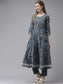 Ishin Women's Cotton Blend Teal Embroidered Anarkali Kurta Trouser Set
