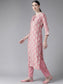 Ishin Women's Art Silk Pink Embroidered A-Line Kurta Trouser Set