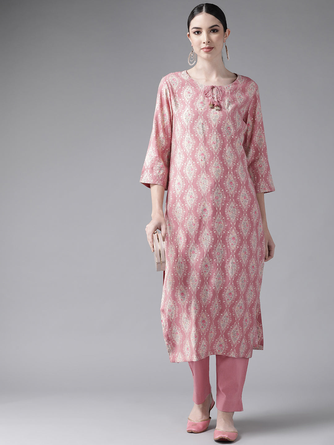 Ishin Women's Art Silk Pink Embroidered A-Line Kurta Trouser Set
