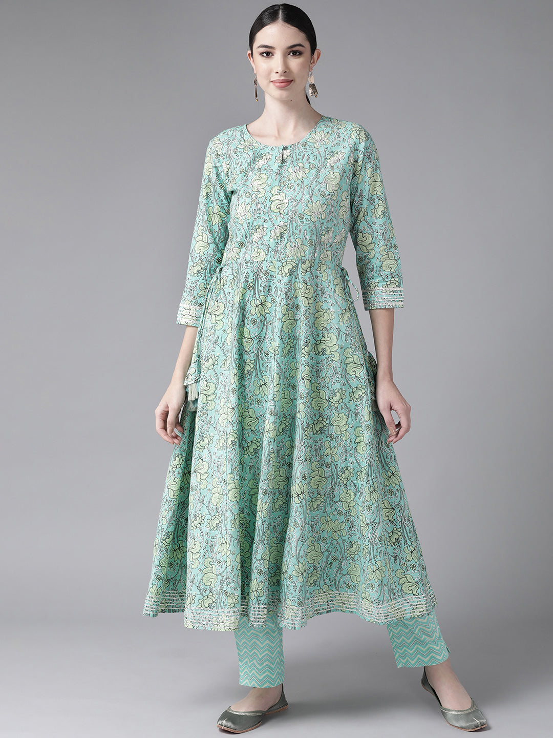 Ishin Women's Cotton Blend Sea Green Embroidered Anarkali Kurta Trouser Set