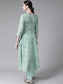 Ishin Women's Cotton Blend Sea Green Embroidered Anarkali Kurta Trouser Set