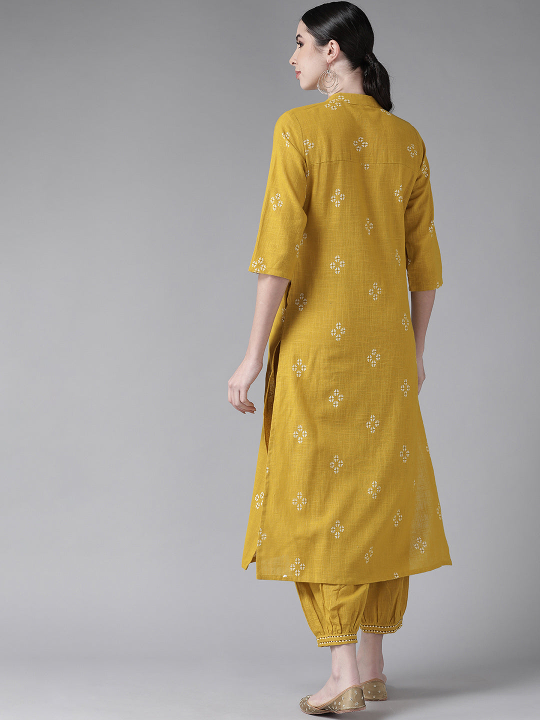 Ishin Women's Cotton Mustard Yellow Embroidered A-Line Kurta Salwar Set