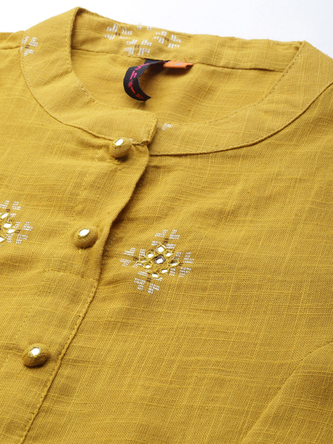 Ishin Women's Cotton Mustard Yellow Embroidered A-Line Kurta Salwar Set