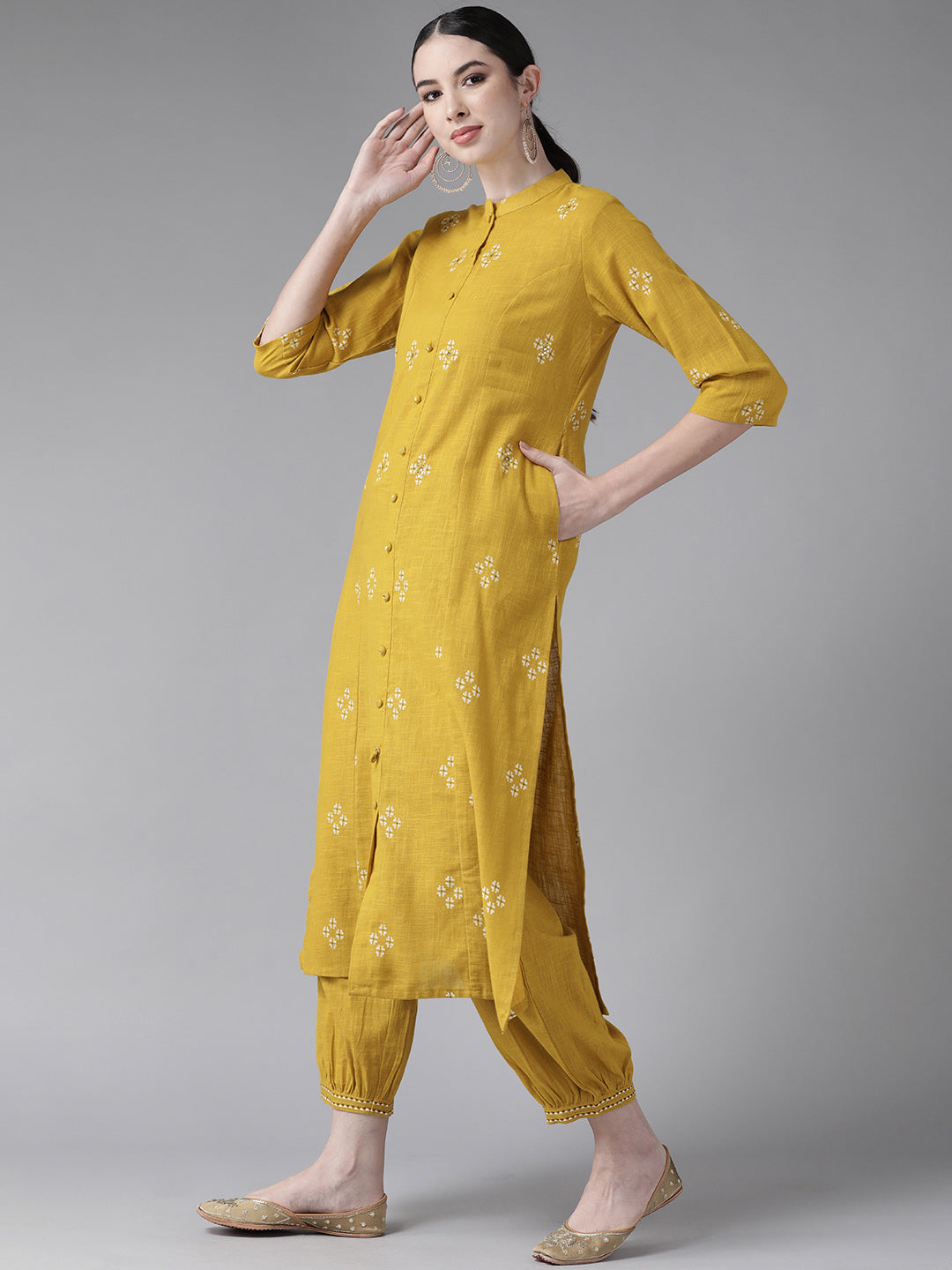 Ishin Women's Cotton Mustard Yellow Embroidered A-Line Kurta Salwar Set