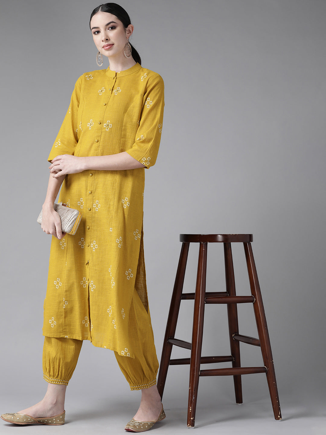 Comfy Mustard pure cotton mirror work embroidery Straight fit kurta set
