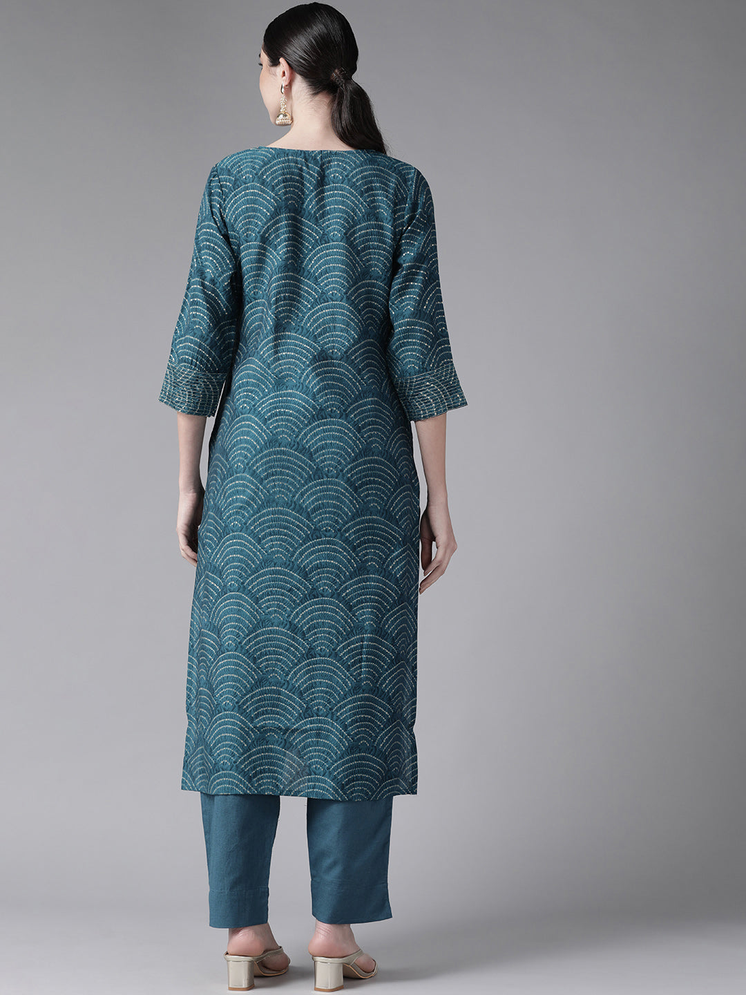 Ishin Women's Art Silk Teal Embroidered A-Line Kurta Trouser Set