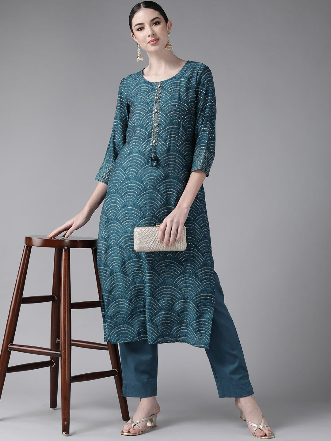 Ishin Women's Art Silk Teal Embroidered A-Line Kurta Trouser Set