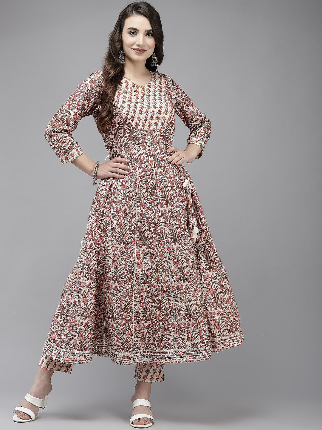 Ishin Women's Cotton Off White Embroidered Anarkali Kurta Trouser Set