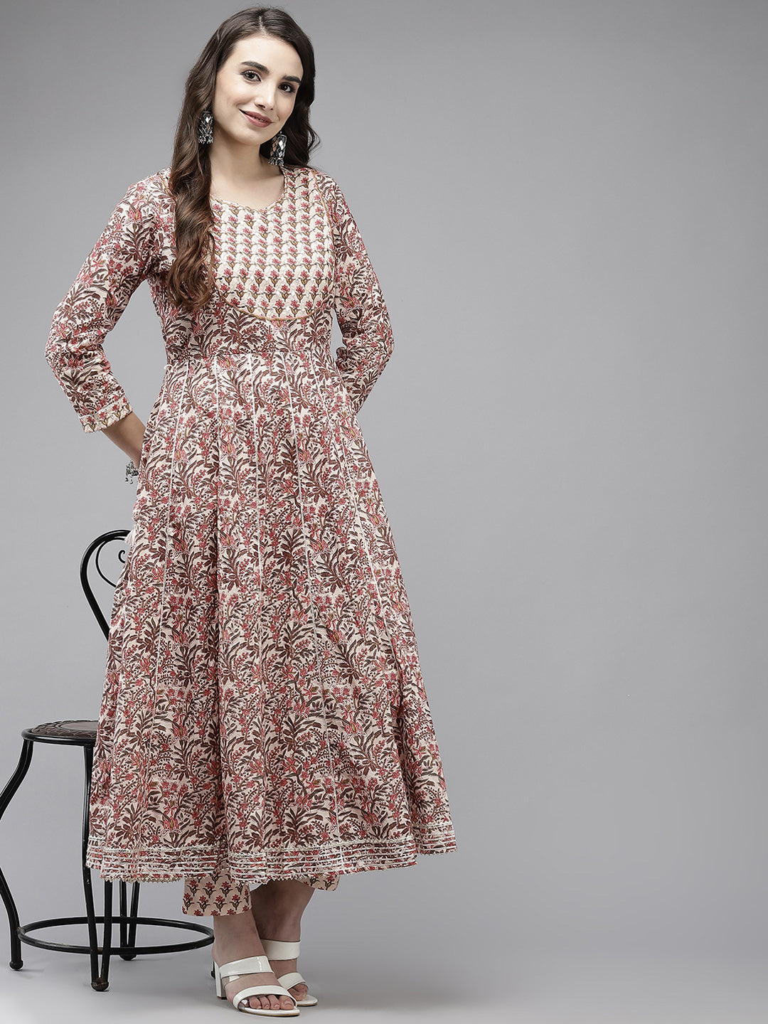 Ishin Women's Cotton Off White Embroidered Anarkali Kurta Trouser Set