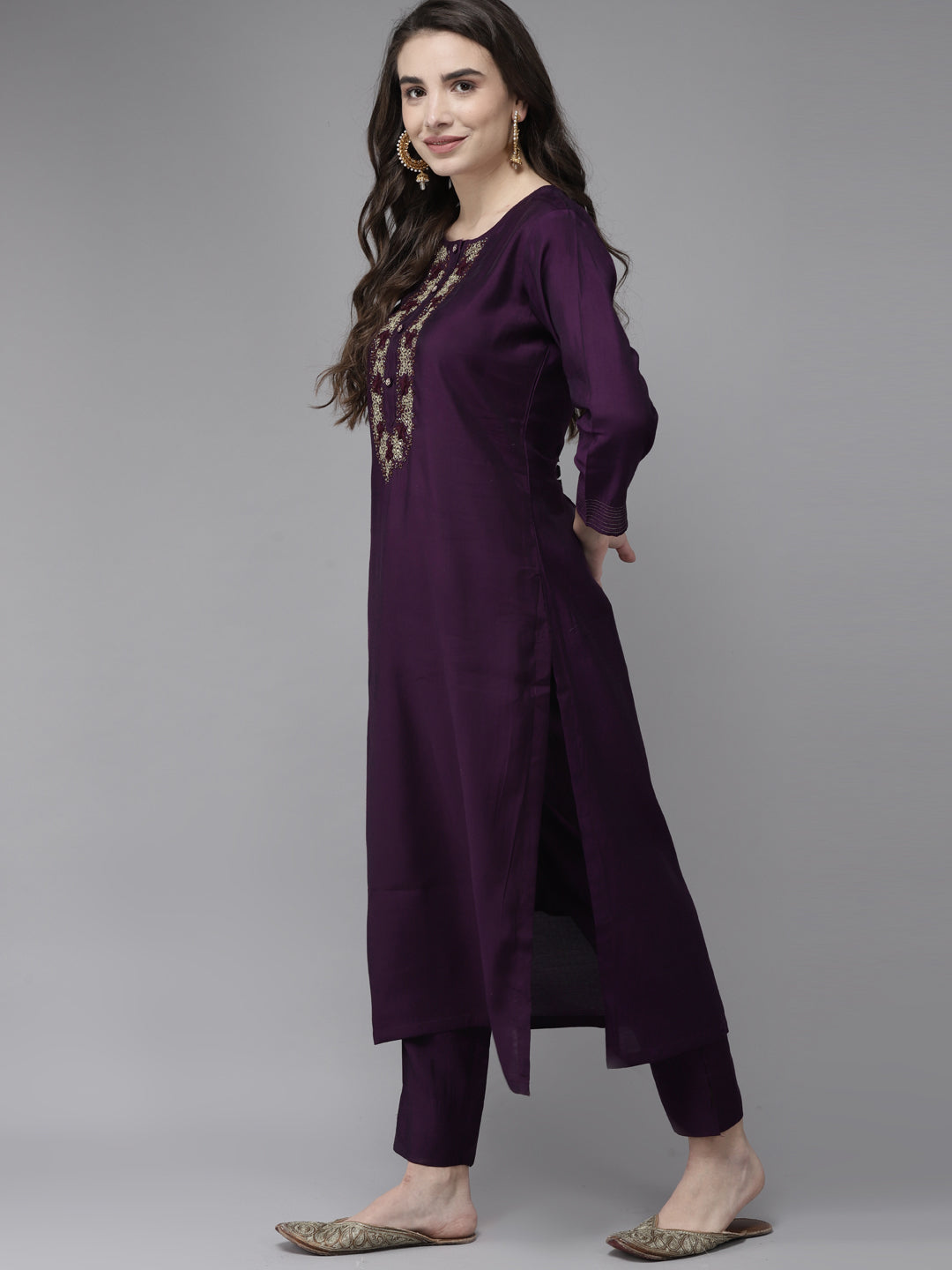 Ishin Women's Violet Embroidered A-Line Kurta with Trouser