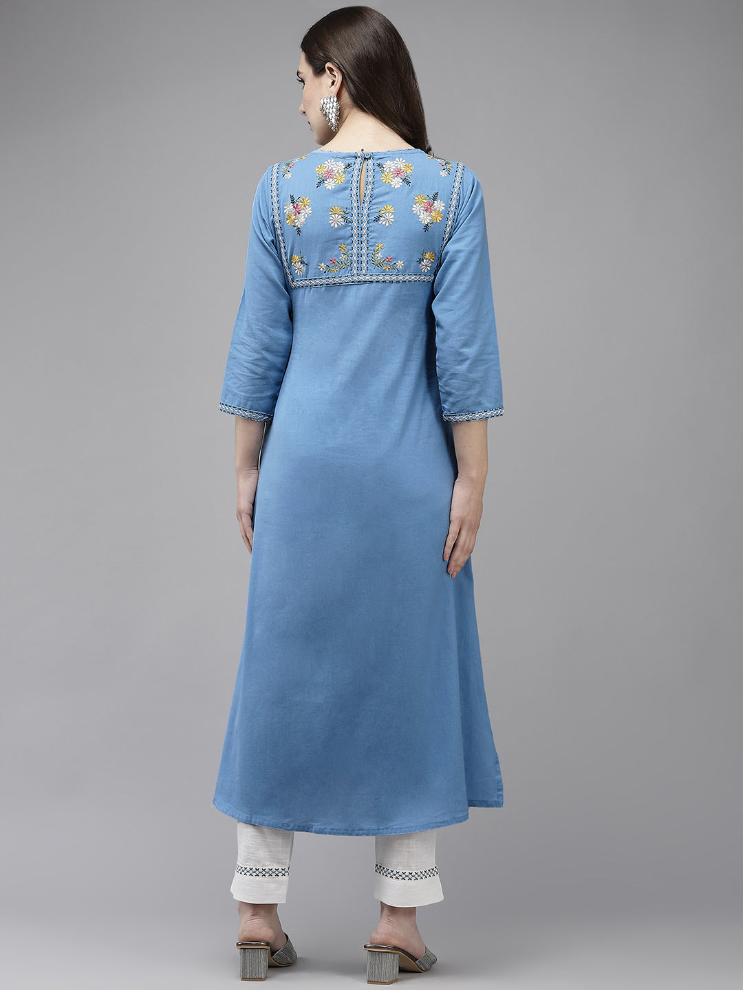 Ishin Women's Blue Back Embroidered A-Line Kurta with Trouser