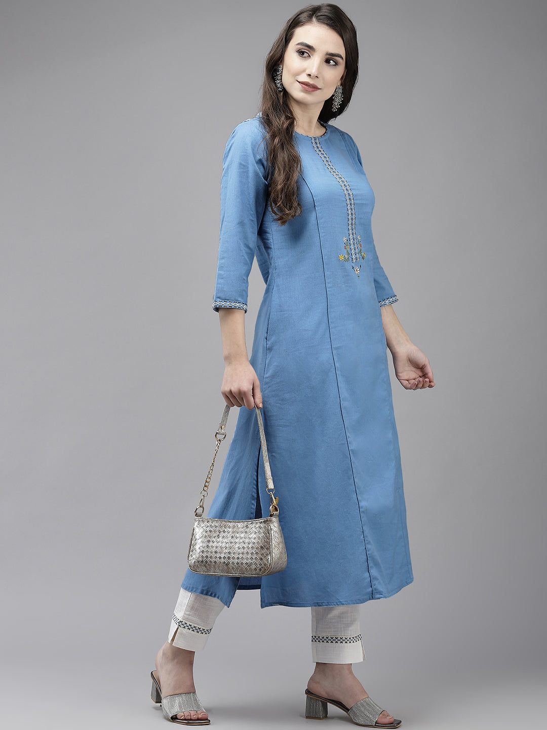 Ishin Women's Blue Back Embroidered A-Line Kurta with Trouser