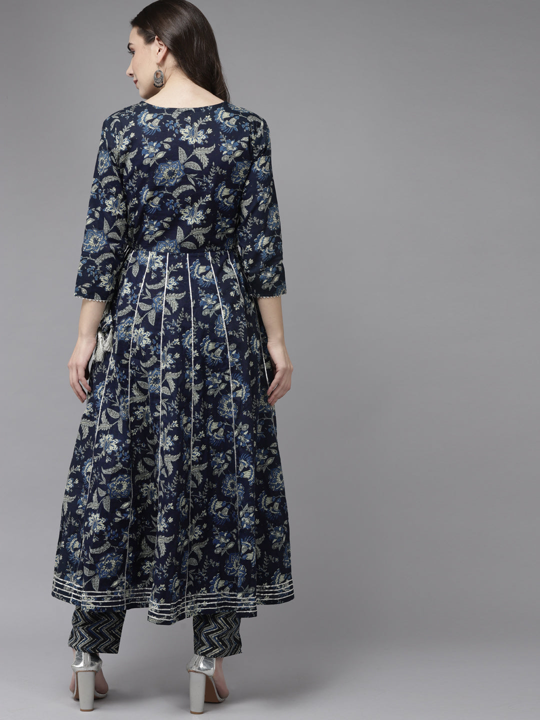 Ishin Women's Cotton Blend Navy Blue Embroidered Anarkali Kurta Trouser Set